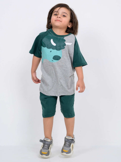 Oversized Mighty Monster Raglan Cotton Short Set (Green-Gray)